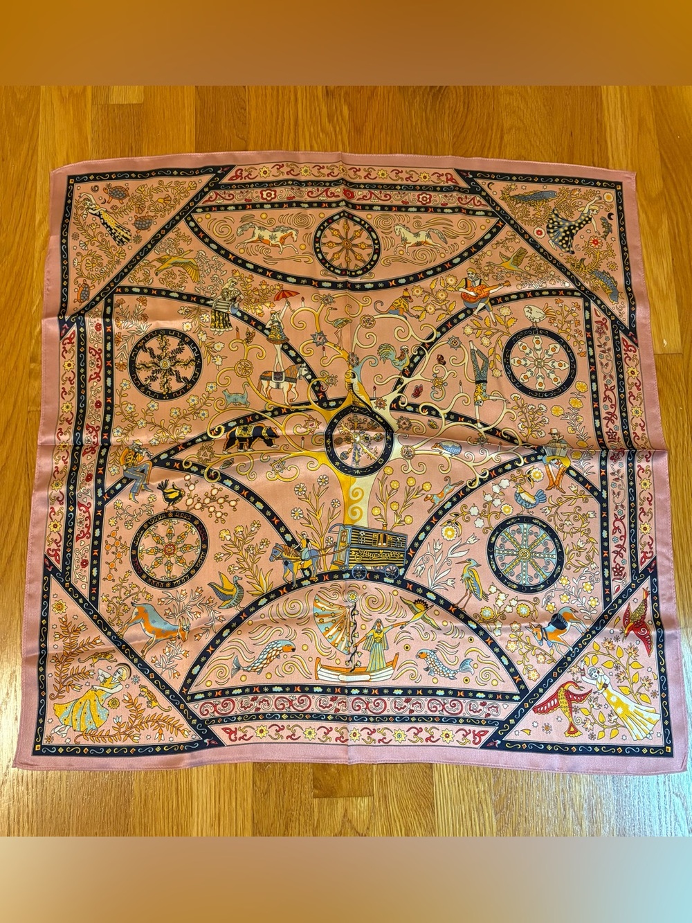 100% Silk Scarf Pink Equestrian Animals Carriage Birds 24x25 Vintage Style